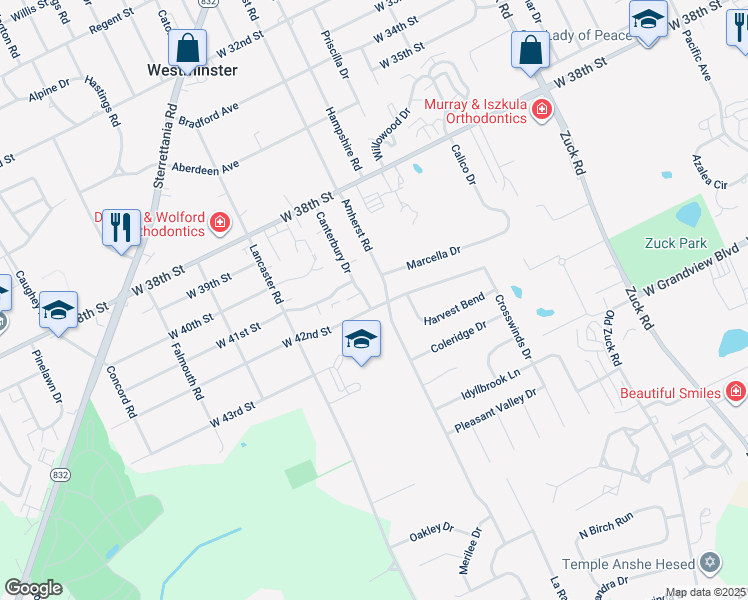 map of restaurants, bars, coffee shops, grocery stores, and more near 3110 W 42nd St in Erie