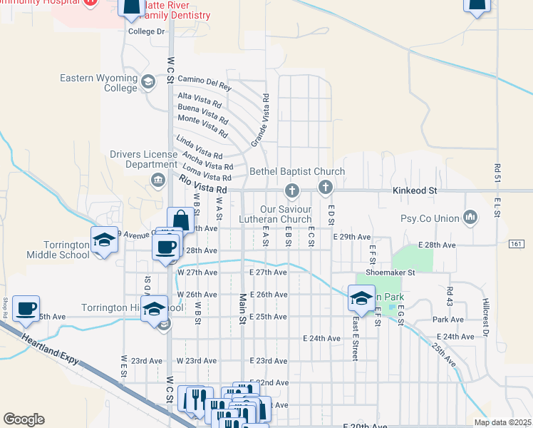 map of restaurants, bars, coffee shops, grocery stores, and more near 2933 East A Street in Torrington