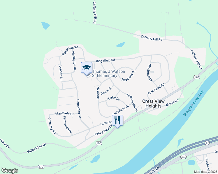map of restaurants, bars, coffee shops, grocery stores, and more near 7 Devon Drive in Endicott