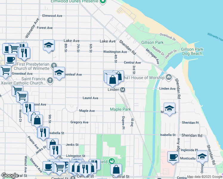 map of restaurants, bars, coffee shops, grocery stores, and more near 417 Linden Avenue in Wilmette