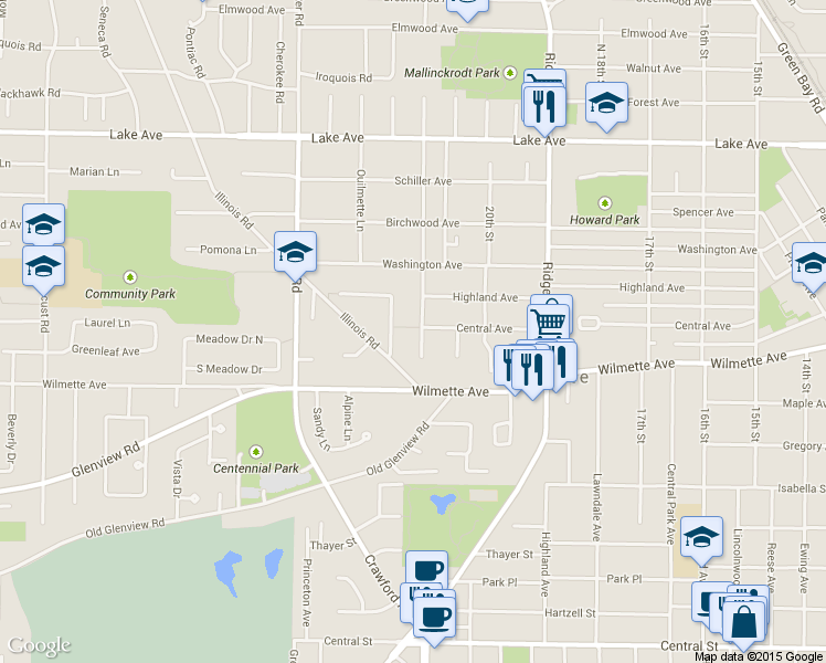map of restaurants, bars, coffee shops, grocery stores, and more near 445 Pinecrest Lane in Wilmette