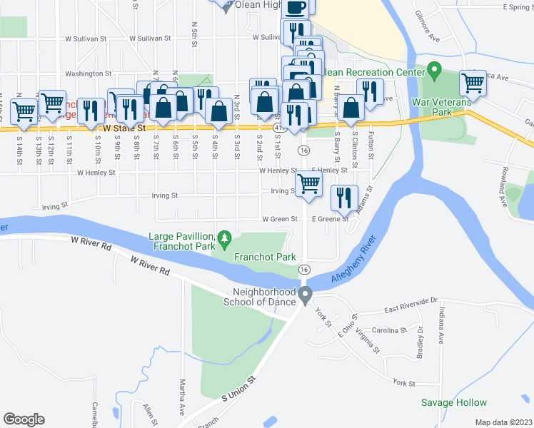 map of restaurants, bars, coffee shops, grocery stores, and more near 210 West Green Street in Olean