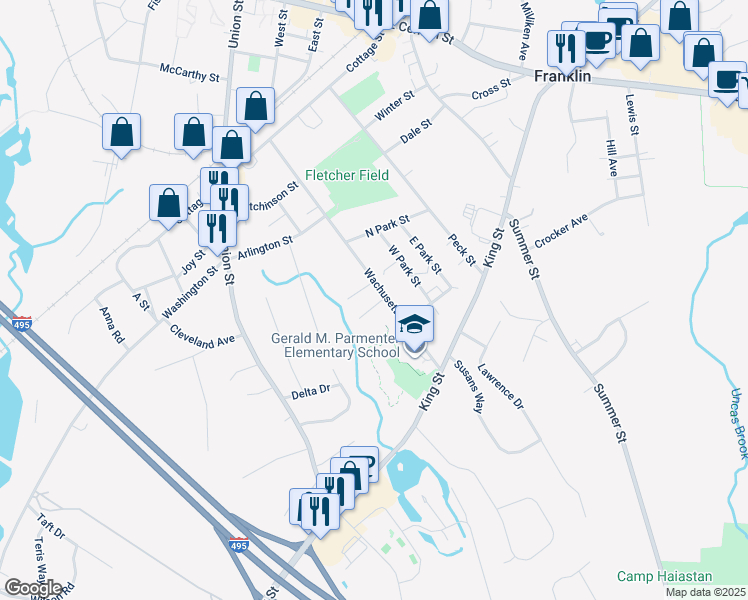map of restaurants, bars, coffee shops, grocery stores, and more near 185 Wachusett Street in Franklin