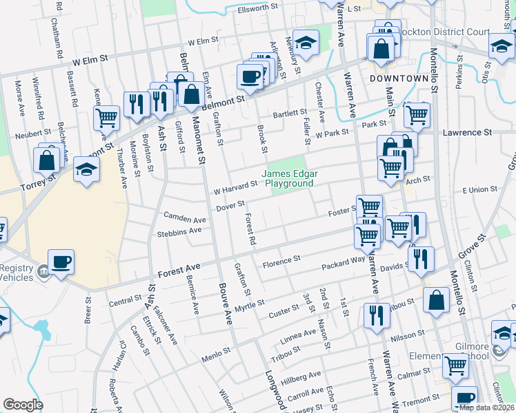 map of restaurants, bars, coffee shops, grocery stores, and more near 15 Agnew Avenue in Brockton