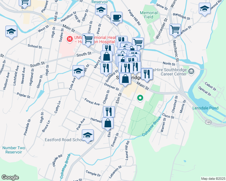 map of restaurants, bars, coffee shops, grocery stores, and more near 2 Chapin Court in Southbridge