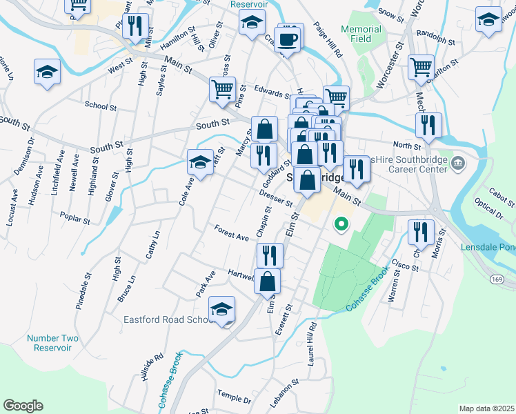 map of restaurants, bars, coffee shops, grocery stores, and more near 84 Chapin Street in Southbridge