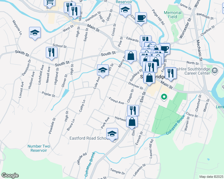 map of restaurants, bars, coffee shops, grocery stores, and more near 36 Franklin Terrace in Southbridge
