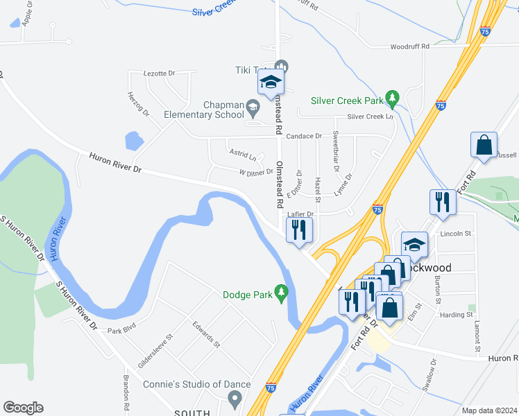 map of restaurants, bars, coffee shops, grocery stores, and more near 23212 Huron River Drive in Rockwood