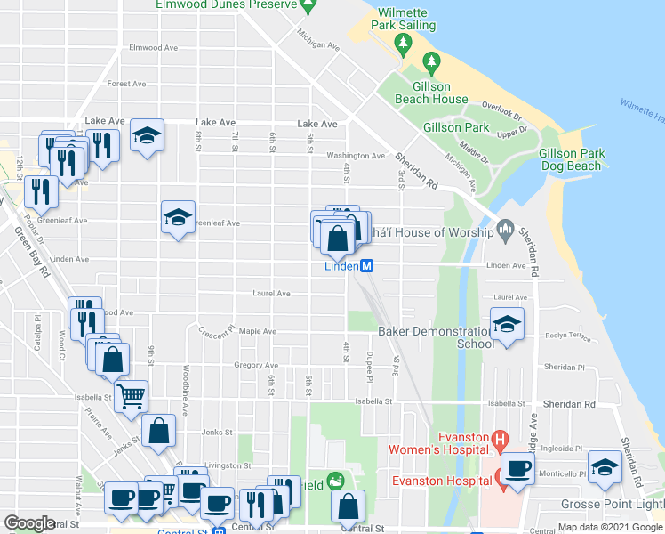 map of restaurants, bars, coffee shops, grocery stores, and more near 417 Linden Avenue in Wilmette