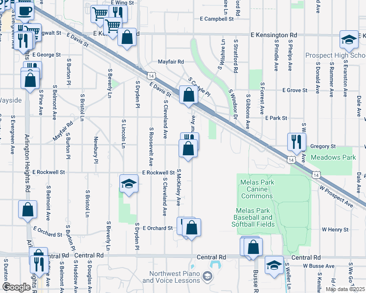 map of restaurants, bars, coffee shops, grocery stores, and more near 1215 East Fairview Street in Arlington Heights