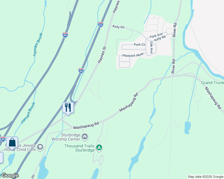 map of restaurants, bars, coffee shops, grocery stores, and more near 30 Mashapaug Road in Sturbridge