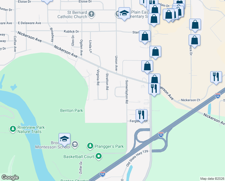 map of restaurants, bars, coffee shops, grocery stores, and more near 667 Manorwood Circle in Benton Harbor