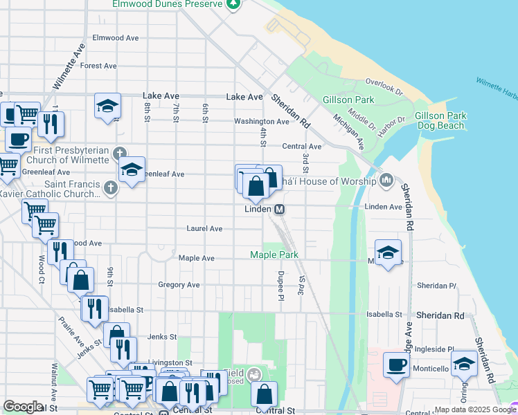 map of restaurants, bars, coffee shops, grocery stores, and more near in Wilmette