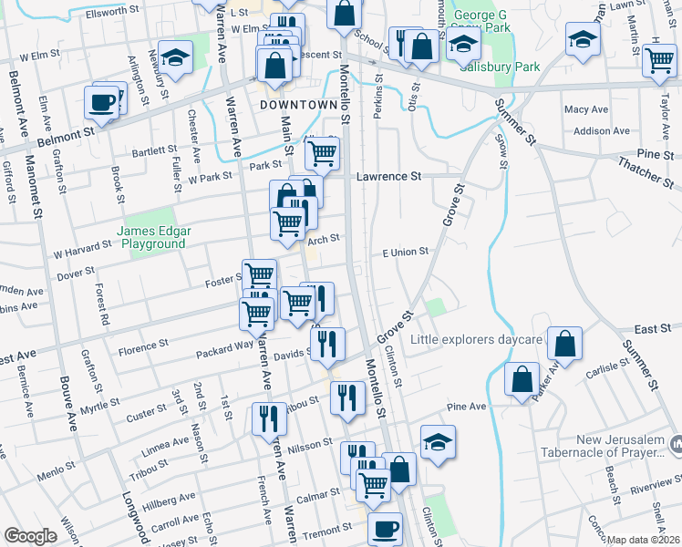 map of restaurants, bars, coffee shops, grocery stores, and more near 587 Montello Street in Brockton