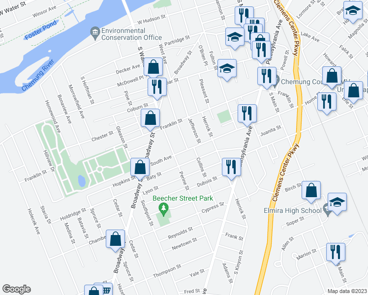 map of restaurants, bars, coffee shops, grocery stores, and more near 470 South Avenue in Elmira