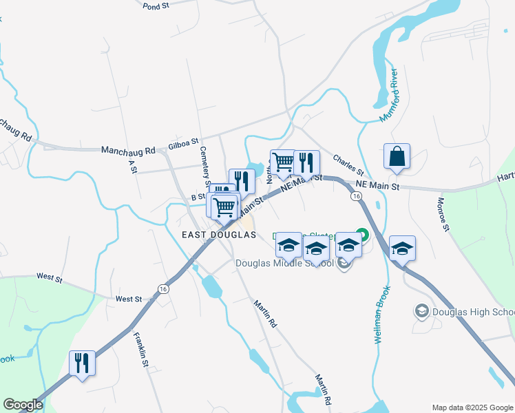 map of restaurants, bars, coffee shops, grocery stores, and more near 347 Main Street in Douglas