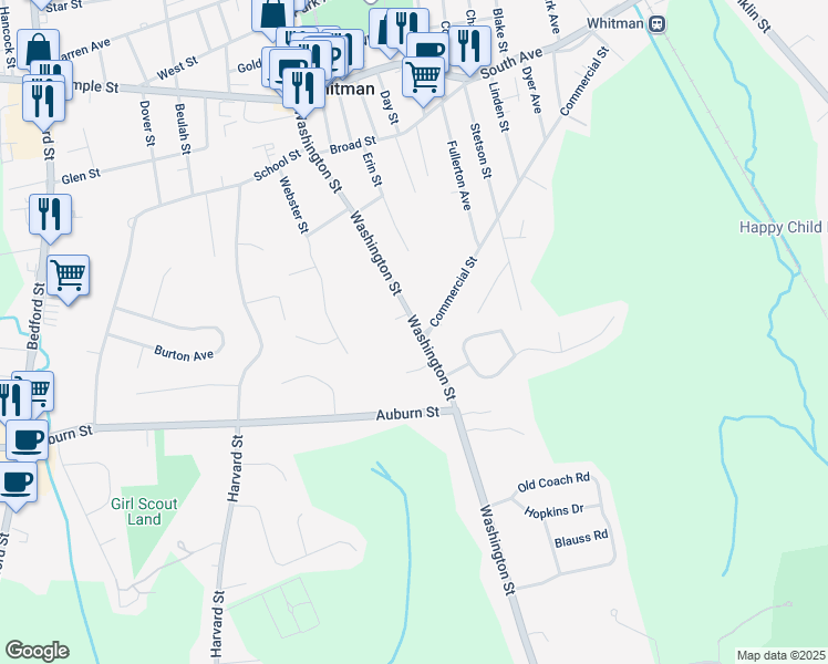 map of restaurants, bars, coffee shops, grocery stores, and more near 290 Washington Street in Whitman