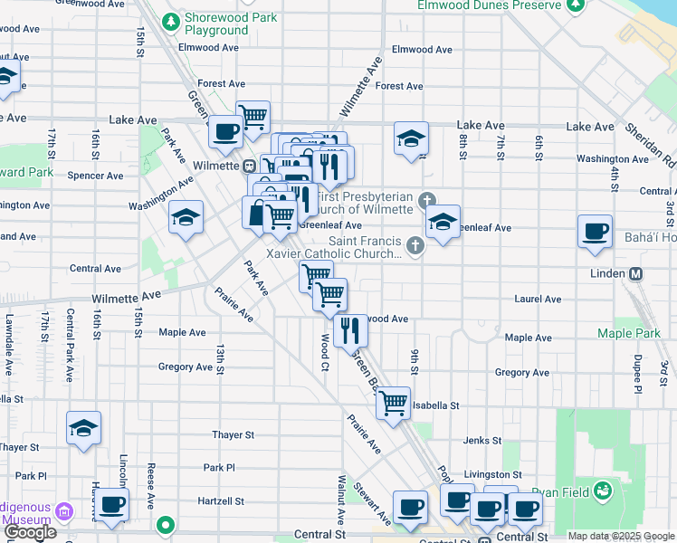 map of restaurants, bars, coffee shops, grocery stores, and more near 1041 Linden Avenue in Wilmette