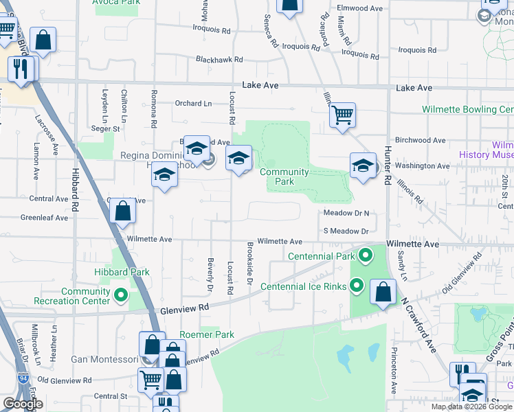 map of restaurants, bars, coffee shops, grocery stores, and more near 2617 Laurel Lane in Wilmette