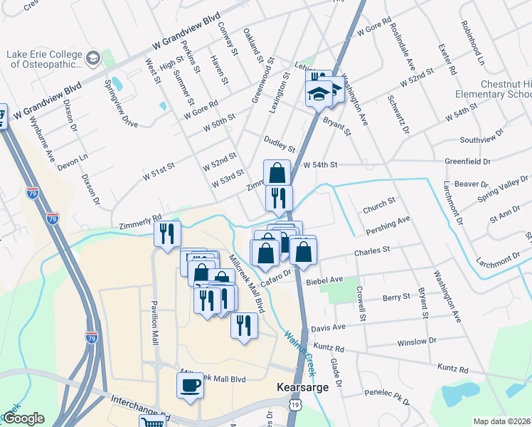 map of restaurants, bars, coffee shops, grocery stores, and more near 5499 West 55th Street in Erie
