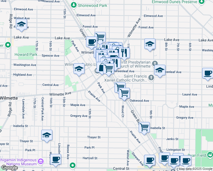 map of restaurants, bars, coffee shops, grocery stores, and more near 514 Park Avenue in Wilmette
