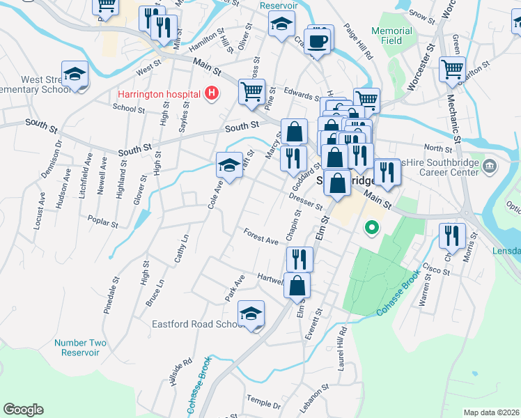map of restaurants, bars, coffee shops, grocery stores, and more near 36 Franklin Terrace in Southbridge