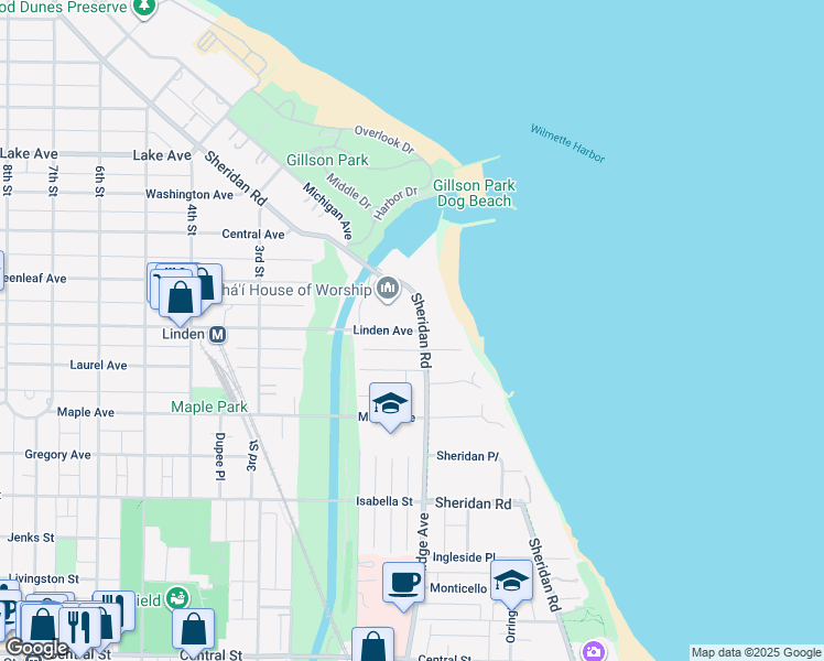 map of restaurants, bars, coffee shops, grocery stores, and more near 112 Linden Avenue in Wilmette