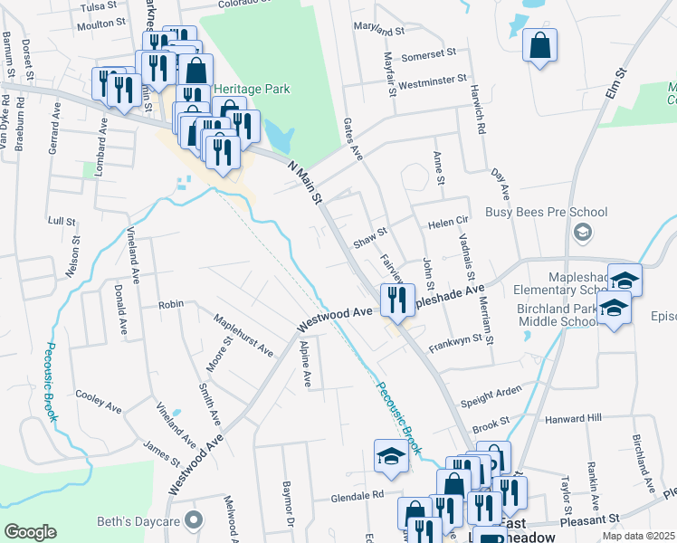 map of restaurants, bars, coffee shops, grocery stores, and more near 250 North Main Street in East Longmeadow