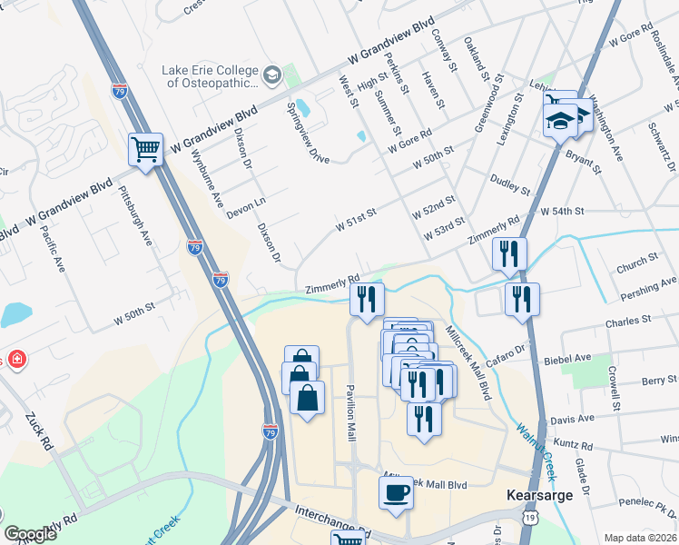 map of restaurants, bars, coffee shops, grocery stores, and more near 2030 Zimmerly Rd in Erie