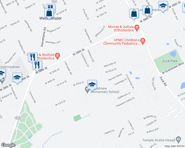 map of restaurants, bars, coffee shops, grocery stores, and more near 3110 West 42nd Street in Erie
