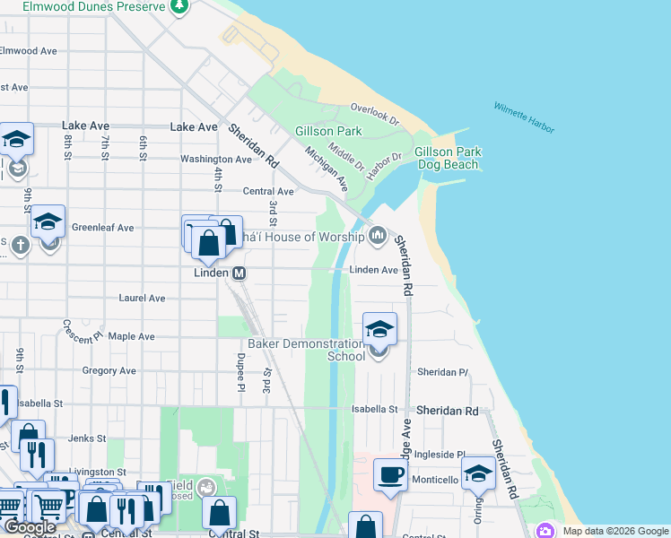map of restaurants, bars, coffee shops, grocery stores, and more near 300 Linden Avenue in Wilmette