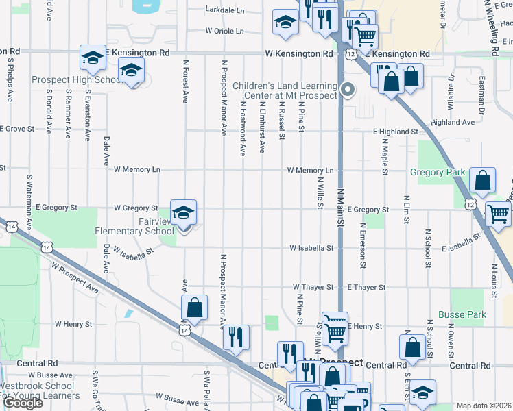 map of restaurants, bars, coffee shops, grocery stores, and more near 320 North Elmhurst Avenue in Mount Prospect