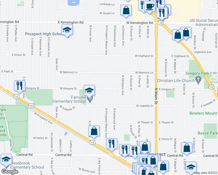 map of restaurants, bars, coffee shops, grocery stores, and more near 401 North Prospect Manor Avenue in Mount Prospect