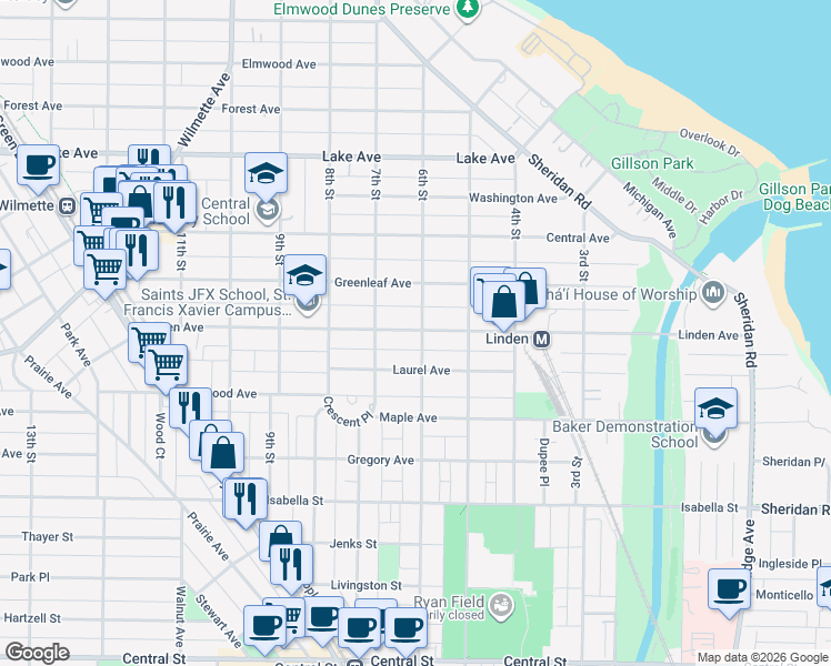 map of restaurants, bars, coffee shops, grocery stores, and more near 601 Linden Ave in Wilmette