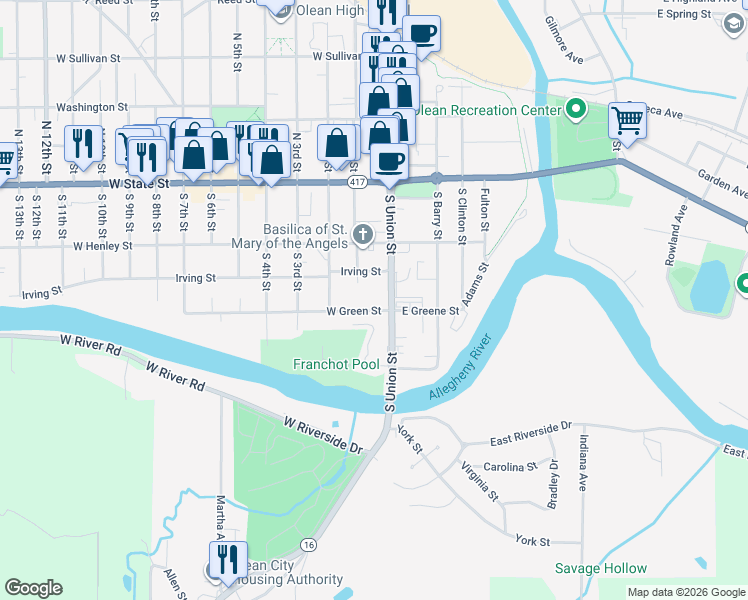 map of restaurants, bars, coffee shops, grocery stores, and more near 108 W Green St in Olean