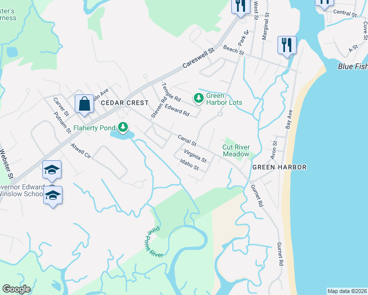 map of restaurants, bars, coffee shops, grocery stores, and more near 11 Elmhurst Avenue in Marshfield