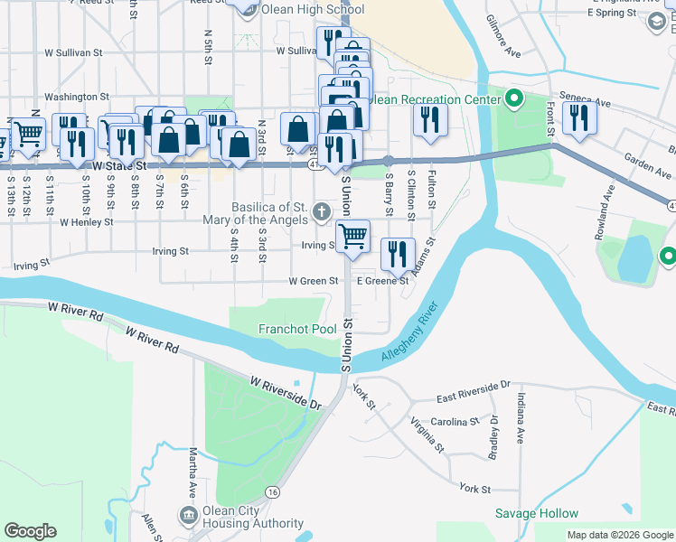 map of restaurants, bars, coffee shops, grocery stores, and more near 108 West Green Street in Olean