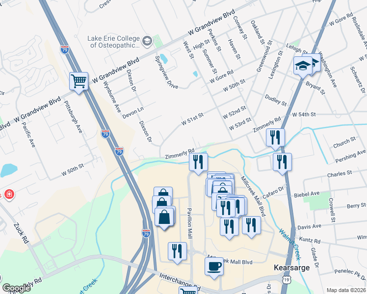map of restaurants, bars, coffee shops, grocery stores, and more near 2030 Zimmerly Rd in Erie