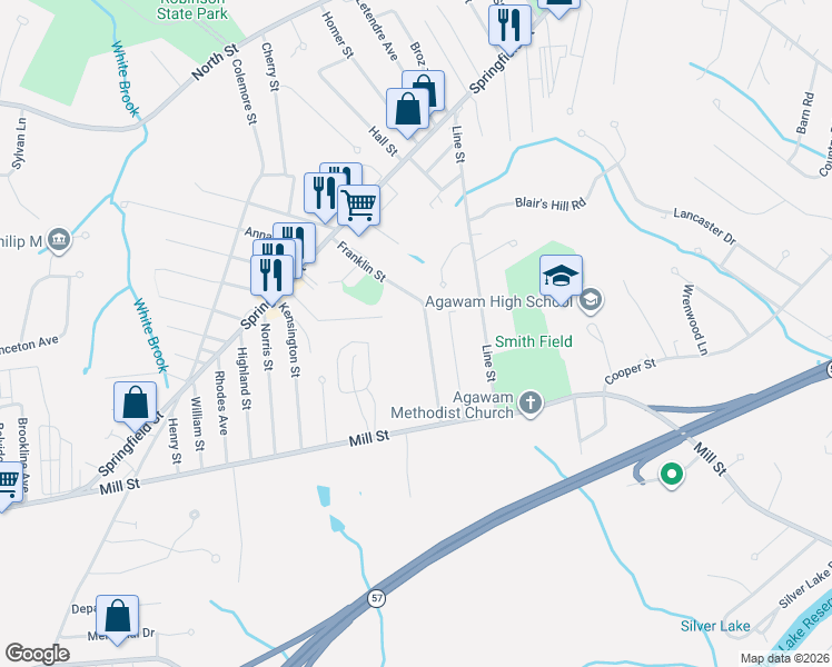 map of restaurants, bars, coffee shops, grocery stores, and more near 132 Franklin Street in Agawam