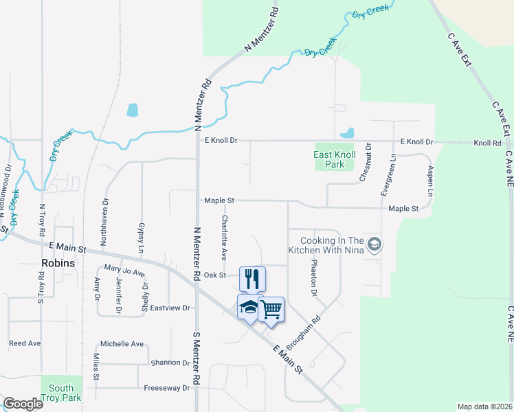 map of restaurants, bars, coffee shops, grocery stores, and more near 1320 Maple Street in Robins