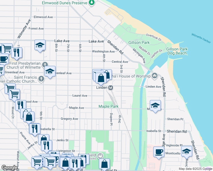 map of restaurants, bars, coffee shops, grocery stores, and more near 330 Linden Avenue in Wilmette