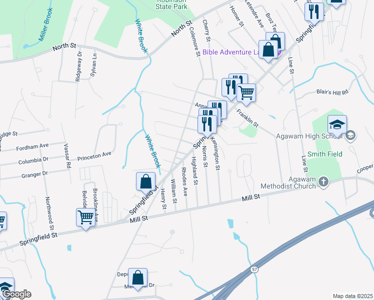 map of restaurants, bars, coffee shops, grocery stores, and more near 878 Springfield Street in Agawam