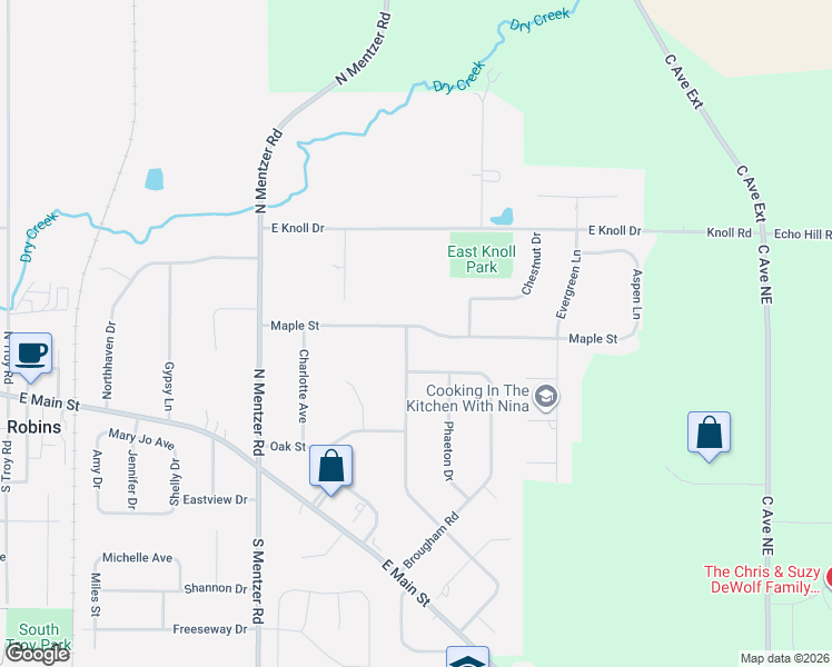 map of restaurants, bars, coffee shops, grocery stores, and more near 1480 Maple Street in Robins