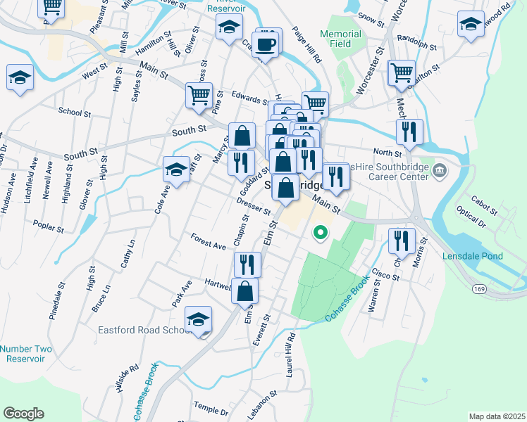 map of restaurants, bars, coffee shops, grocery stores, and more near 2 Chapin Court in Southbridge