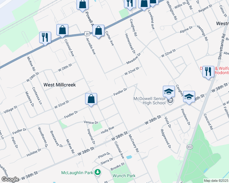 map of restaurants, bars, coffee shops, grocery stores, and more near 3841-3899 Feidler Dr in Erie