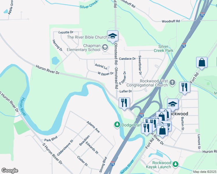 map of restaurants, bars, coffee shops, grocery stores, and more near 23212 Huron River Drive in Rockwood