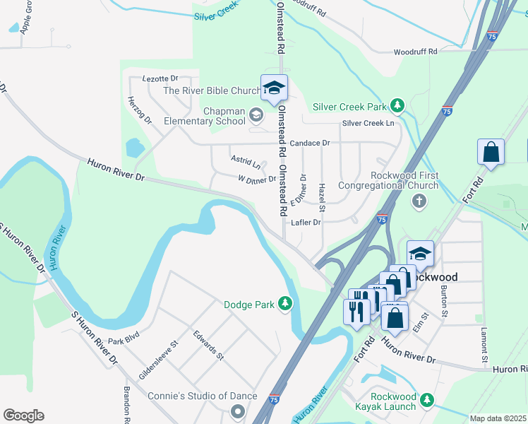 map of restaurants, bars, coffee shops, grocery stores, and more near 23212 Huron River Drive in Rockwood