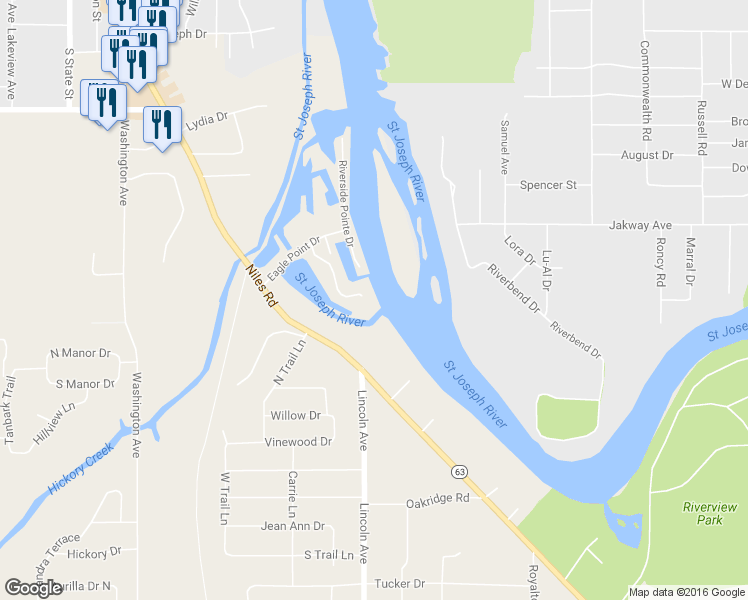 map of restaurants, bars, coffee shops, grocery stores, and more near 2585 Bay Pointe Drive in St. Joseph