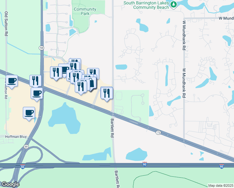 map of restaurants, bars, coffee shops, grocery stores, and more near 215 Bartlett Road in South Barrington