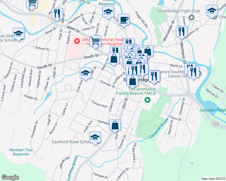 map of restaurants, bars, coffee shops, grocery stores, and more near 84 Chapin Street in Southbridge